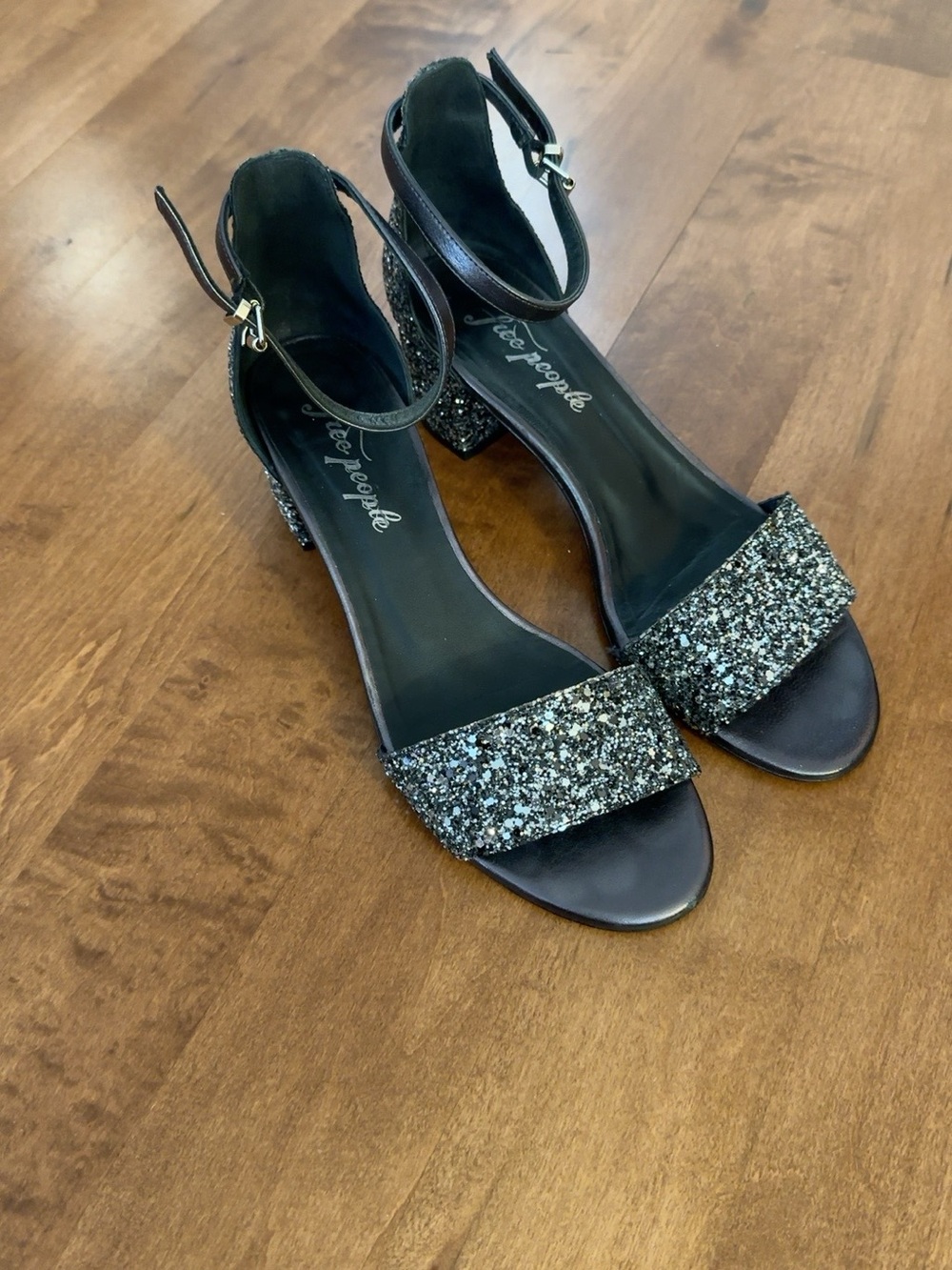 Free People Silver Glitter Block Heel Sandals EU 39 / US 8.5